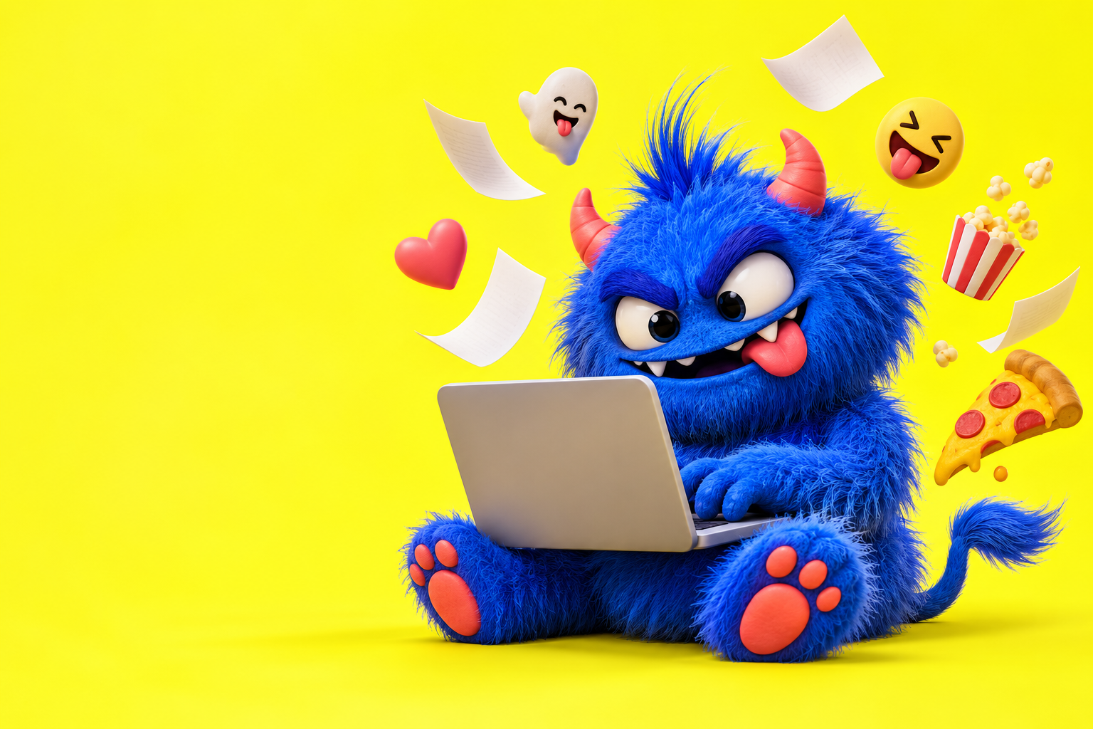 A cheeky blue imp at a laptop, surrounded by colorful ideas