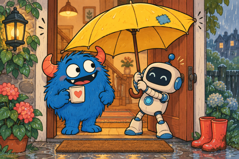 A small robot and the cheerful blue Trolls imp share a yellow umbrella on a cozy rainy doorstep.