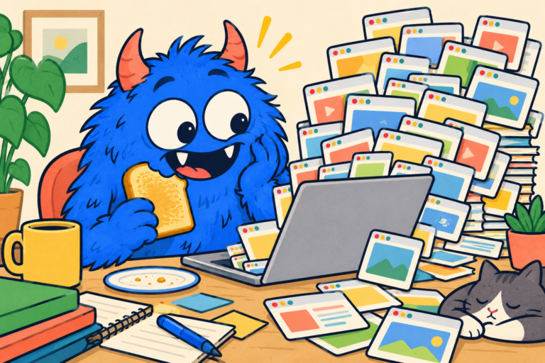 A cheerful blue imp holding toast beside a laptop overflowing with colorful browser tabs.